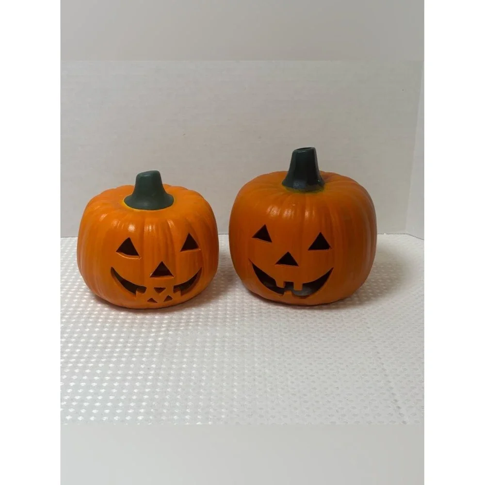 VTG Terracotta Hand Painted Jack O' Lantern Clay Pumpkin Halloween Luminary Duo